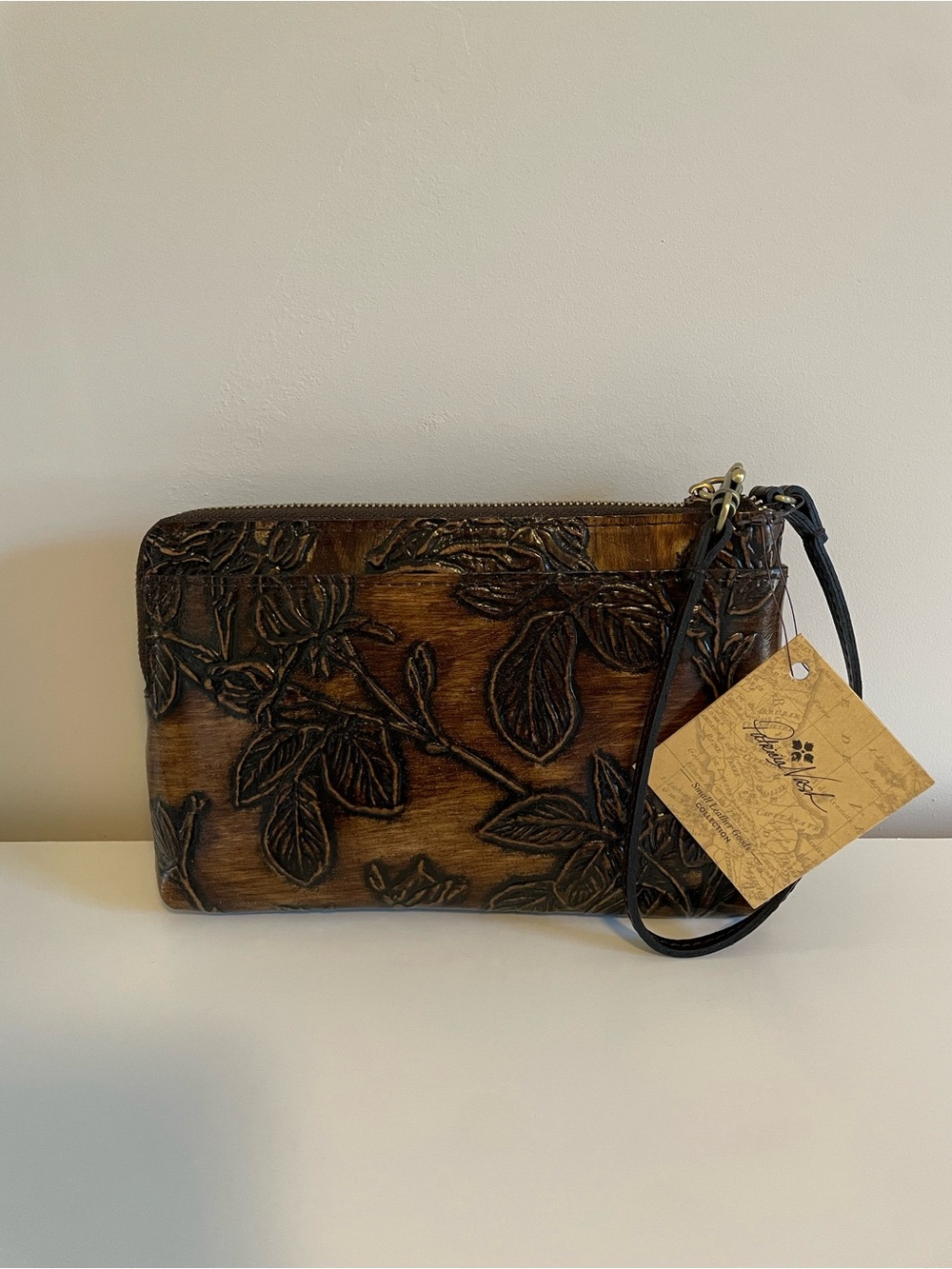 NWT Patricia Nash Brown Embossed Floral Leather Wristlet